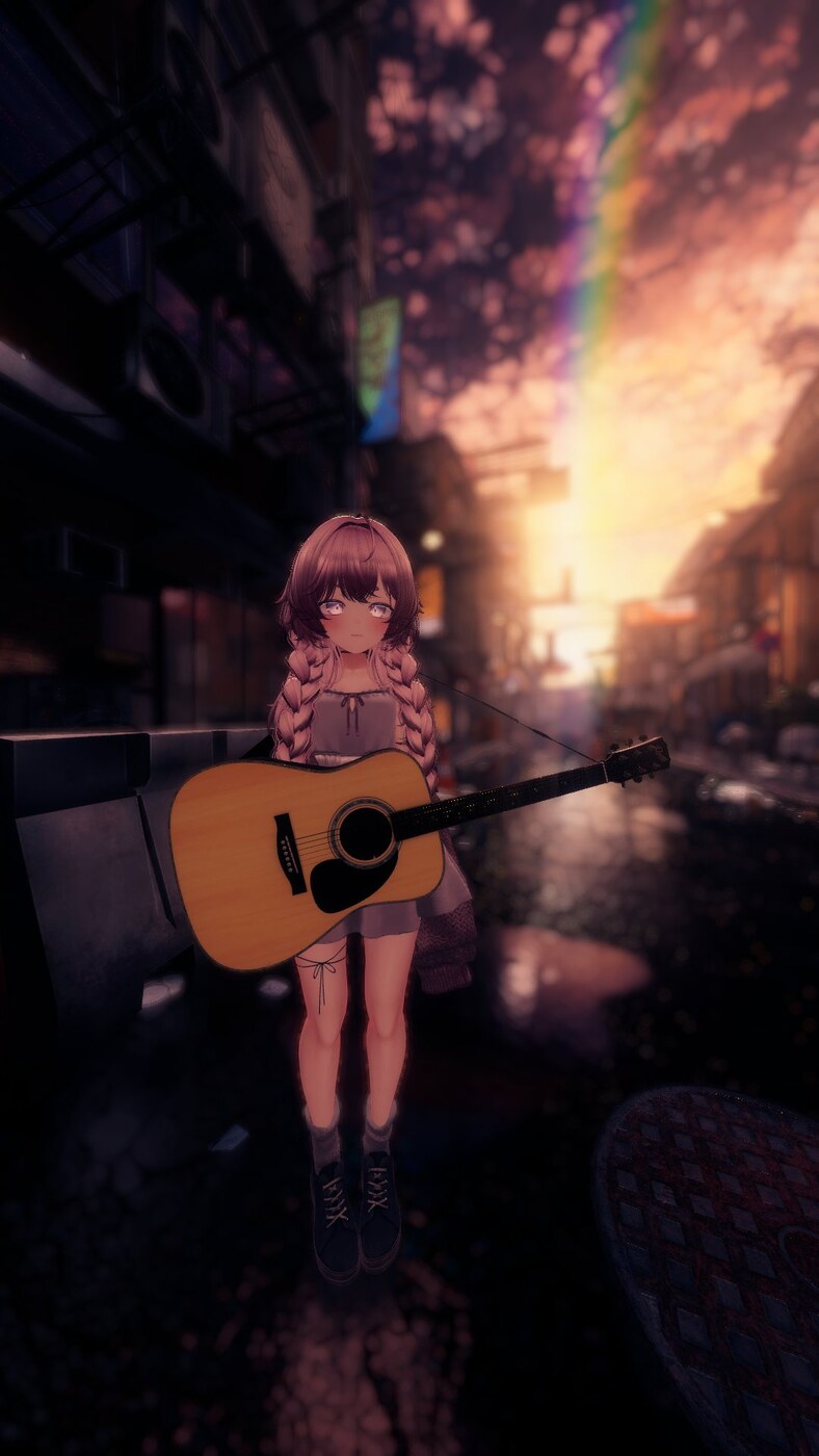 Hitohira Hana holding a guitar beneath a rainbow-lit sky